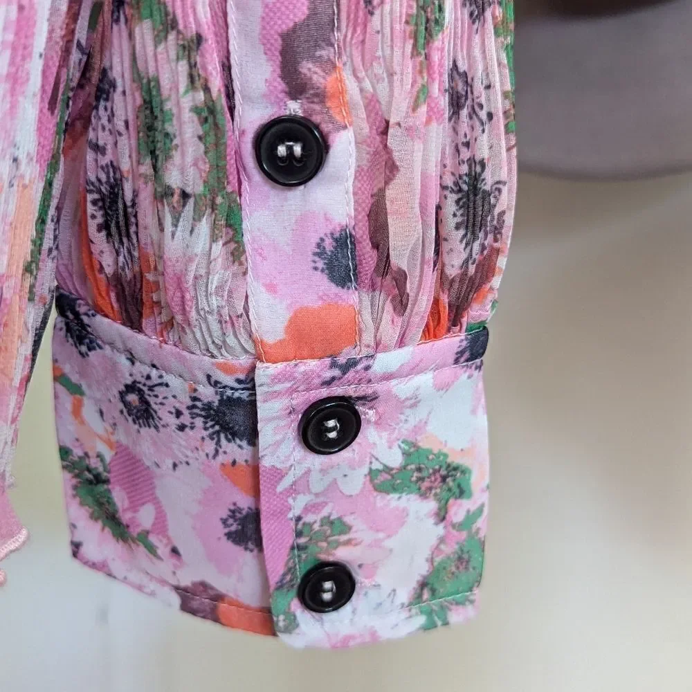 Ganni Floral Pleated Georgette Top 40 8/10 Gardencore Whimsical Barbiecore Boho
